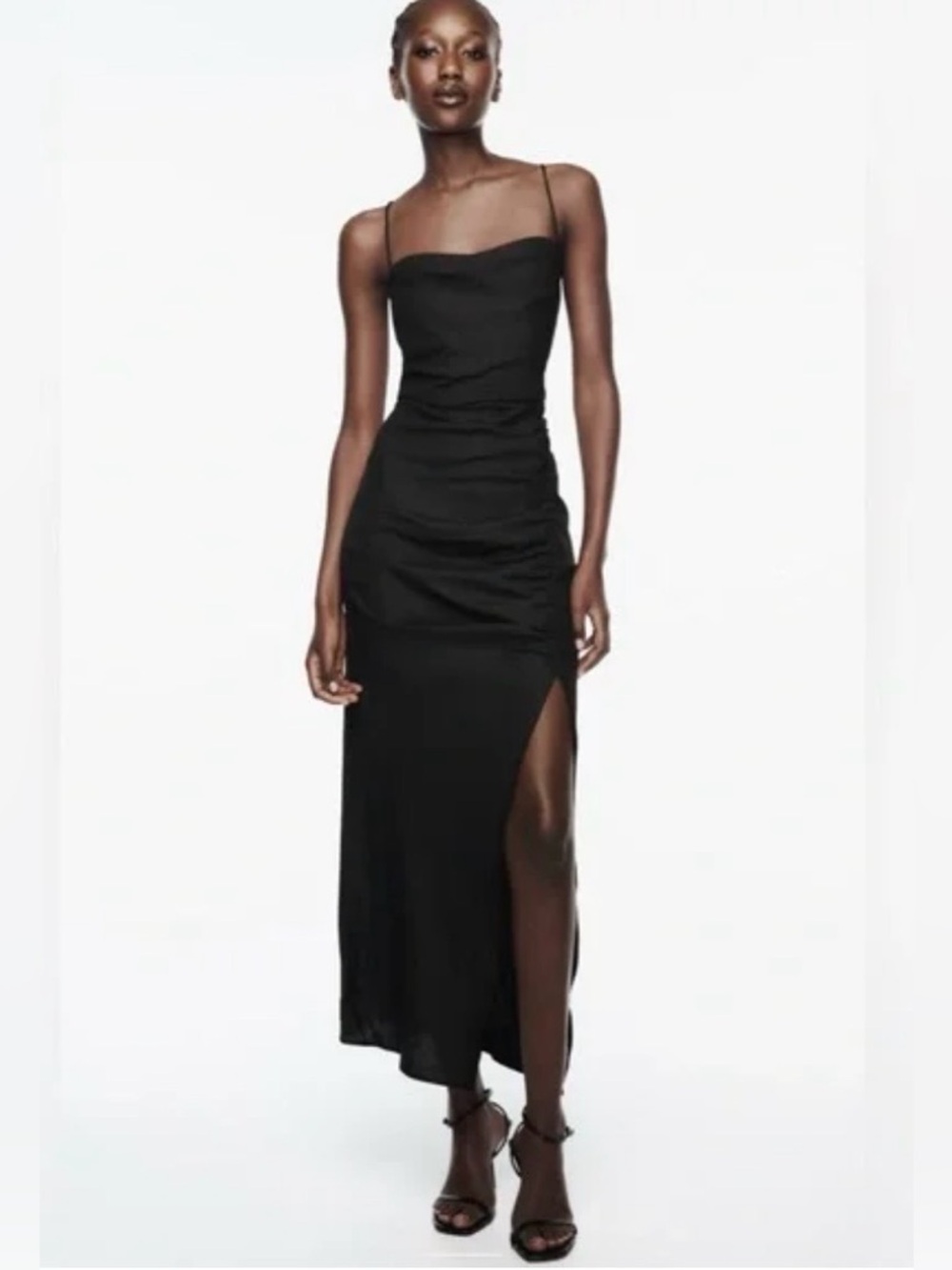 Zara Black Satin Slip Dress with Side Slit
